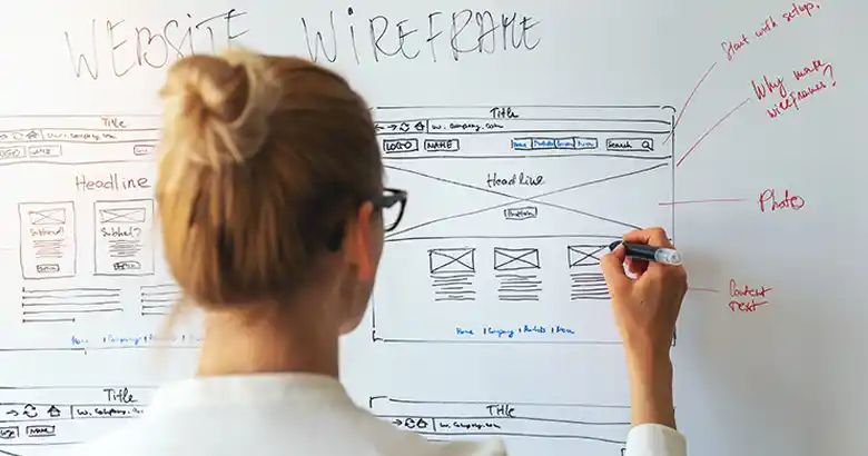 UX designer creating a website wireframe on a white board