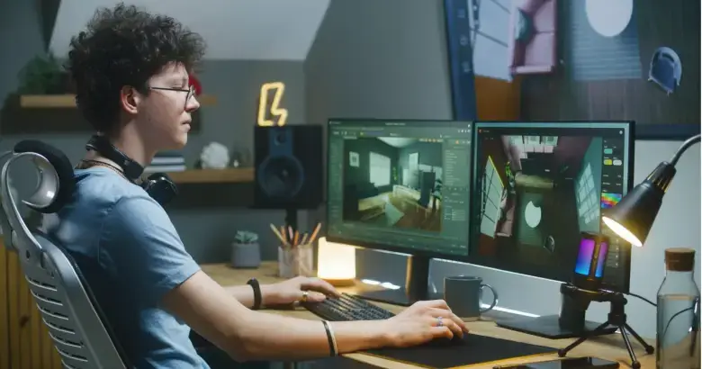 Interior designer working on a 3D modeling tool