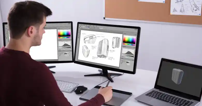 Graphic designer working on a suitcase design