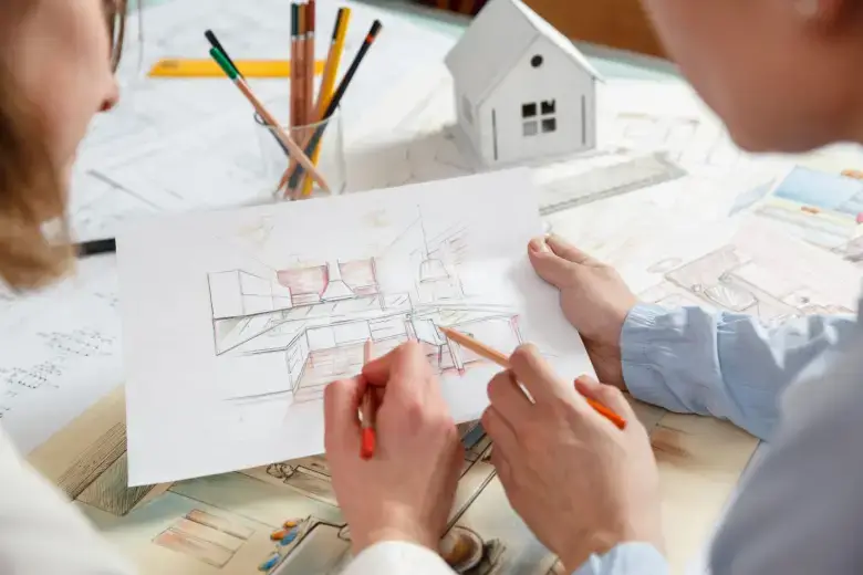 Residential designers working on a kitchen design plan Residential designers working on a kitchen design plan