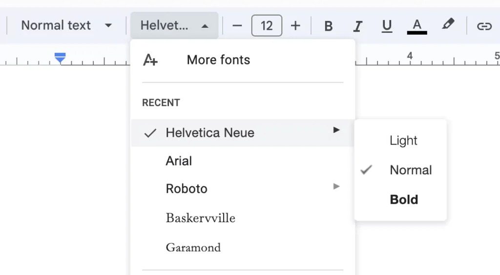 Different types of font options on a google document