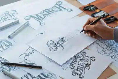 Font designer creating calligraphic designs with a pen and paper