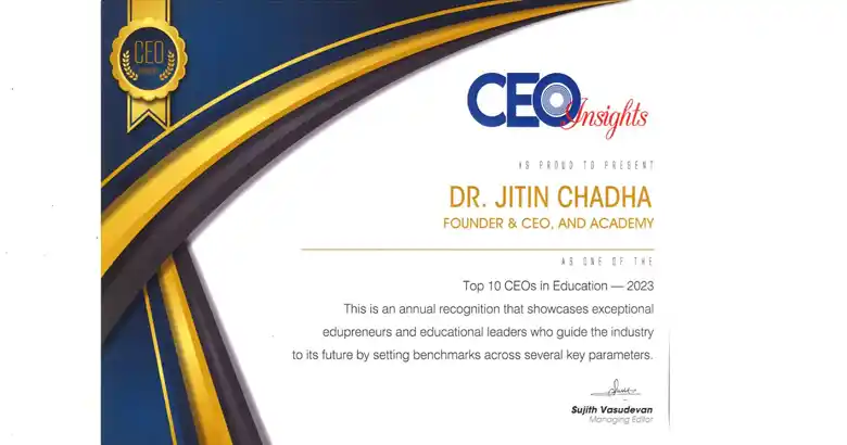 CEO insights features Jitin Chadha among the Top 10 Best CEOs in Education Sector 2023.