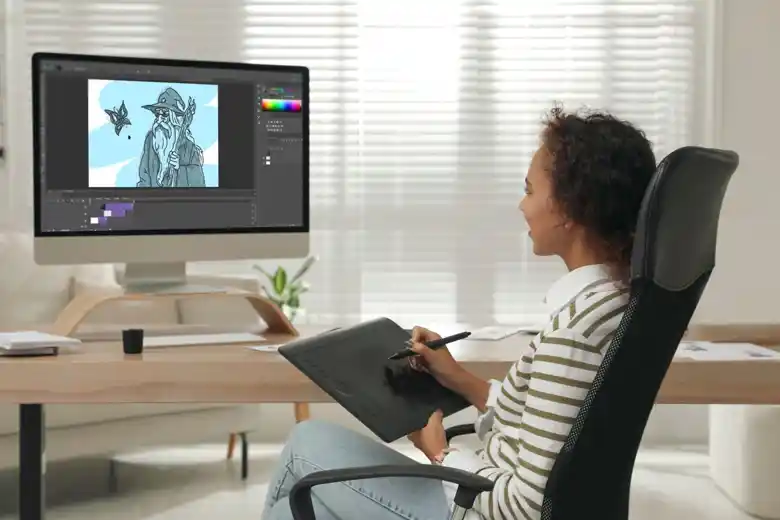 Motion graphic designer working on the nuances of their animation design Motion graphic designer working on the nuances of their animation design