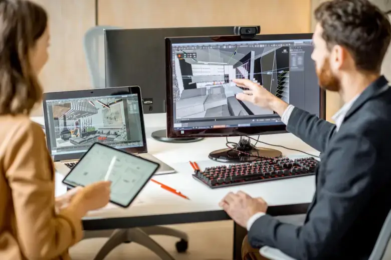 Two interior designers discussing a 3D Model