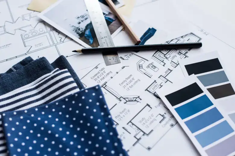Floor plan along with sample materials and colour palette