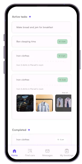 Task Section view of the application to hire a babysitter