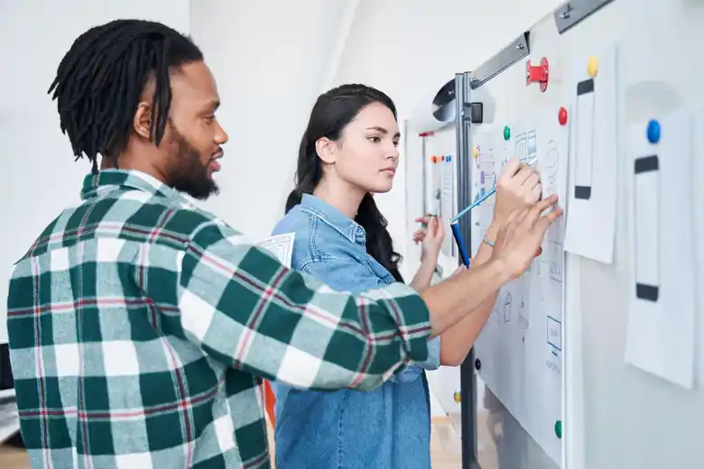 Two professional UX UI designers creating wireframes for an application. Two professional UX UI designers creating wireframes for an application.