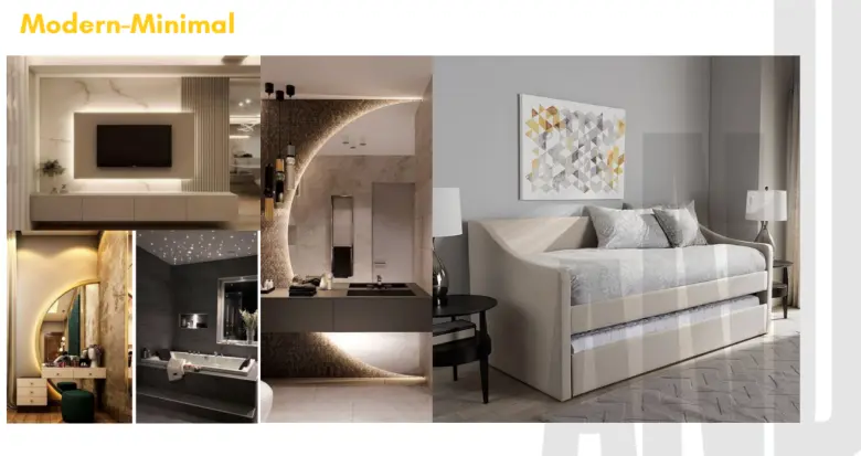 Modern-minimal bedroom design with neutral tones and clean storage by AND Academy student Aditi Sharma