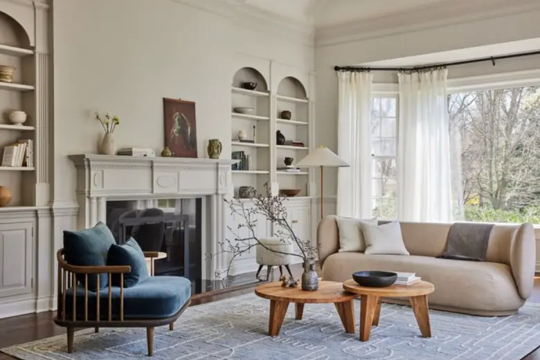 Living room designed in the transitional interior style.