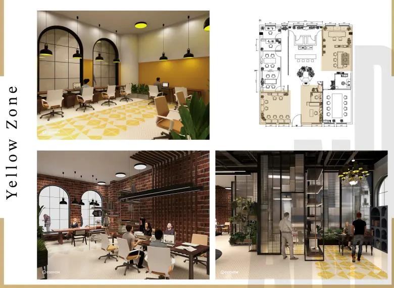 Urban modern workspace design with warm finishes and clear zoning by AND Academy student Aakriti Sharma
