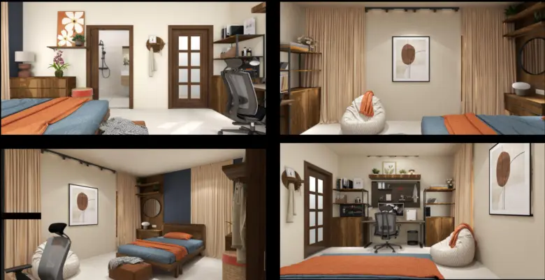 Contemporary bedroom and workstation design with efficient storage by AND Academy student Akanksha Ghosh