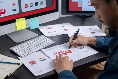 Graphic designer sketching logo design ideas for a brand