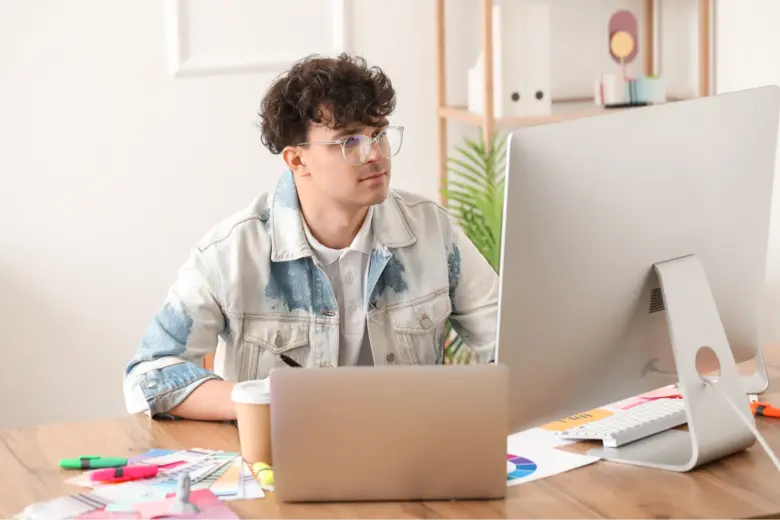 Logo designer creating rough sketches on a laptop