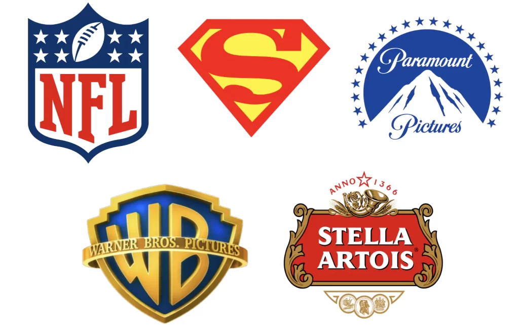 Emblem logo design type examples: Logos of NFL, Superman symbol, Paramount Pictures, Warner Bros. Pictures, and Stella Artois Emblem logo design type examples: Logos of NFL, Superman symbol, Paramount Pictures, Warner Bros. Pictures, and Stella Artois