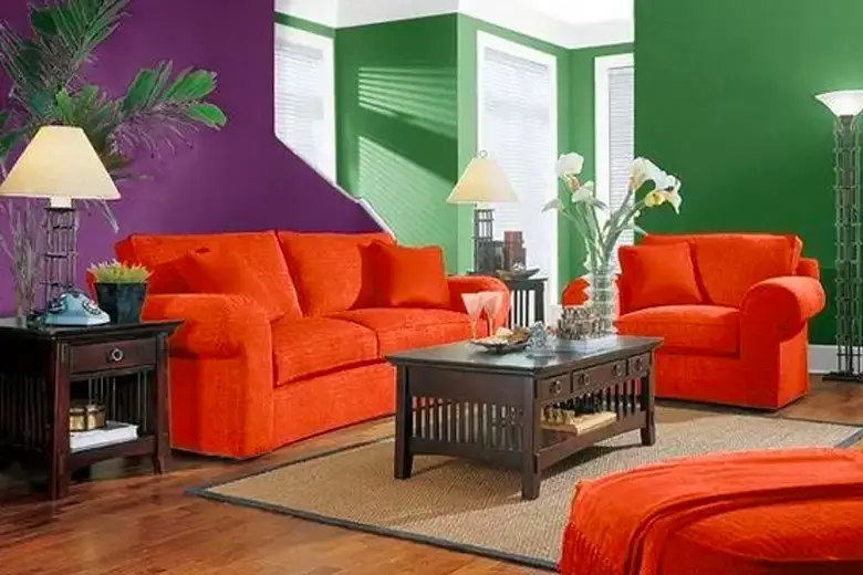 A living room designed using a triadic colour palette.