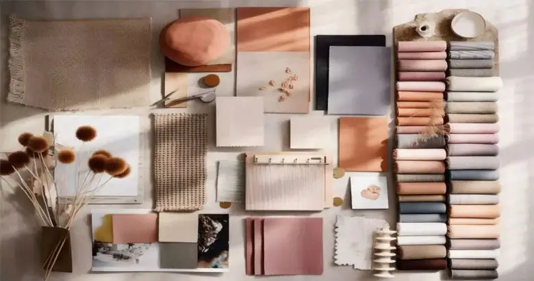 Flat lay of fabric swatches and color samples for an interior design mood board