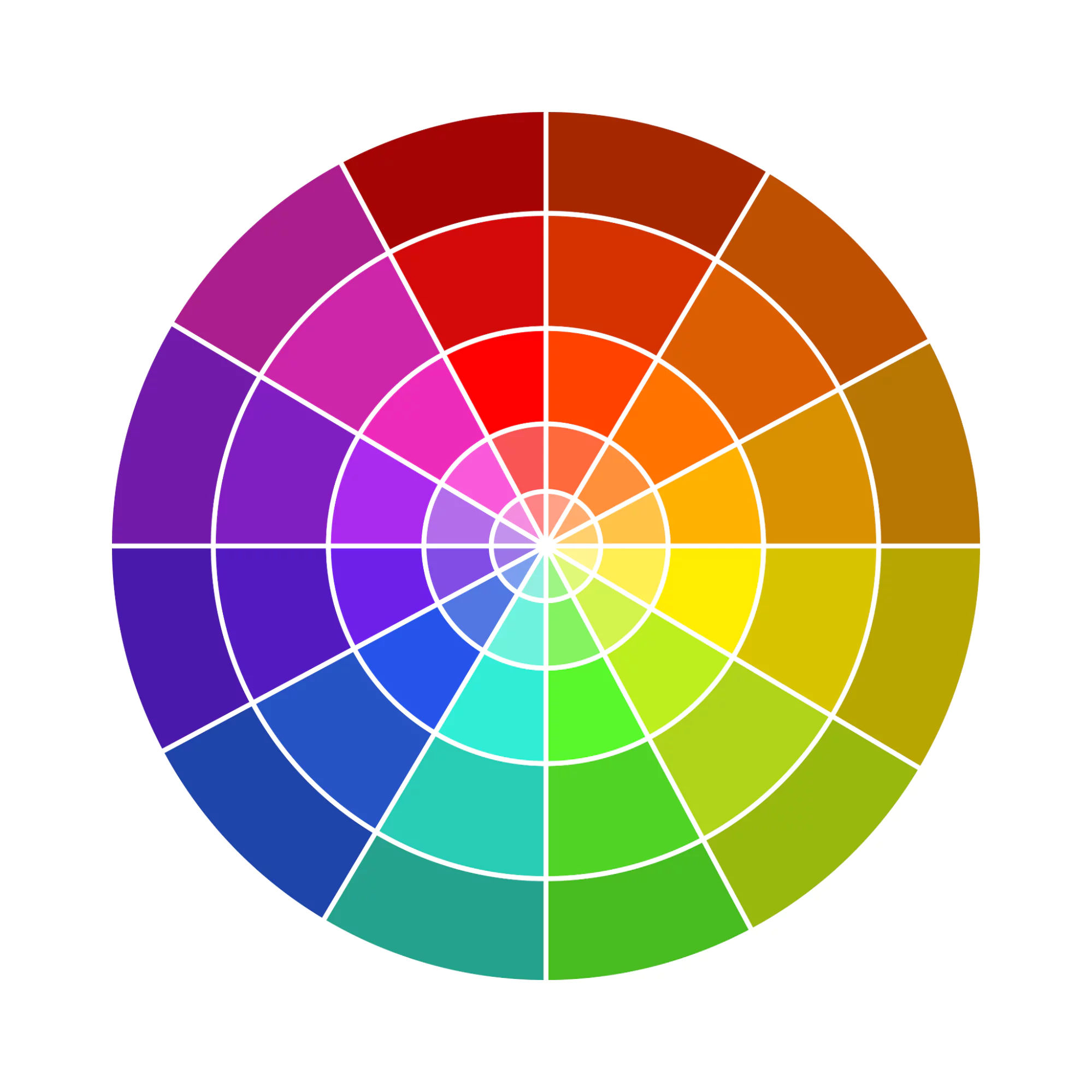 Complex color wheel with 12 hues encircling its outer edge, and a variety of associated shades, tints, and tones.