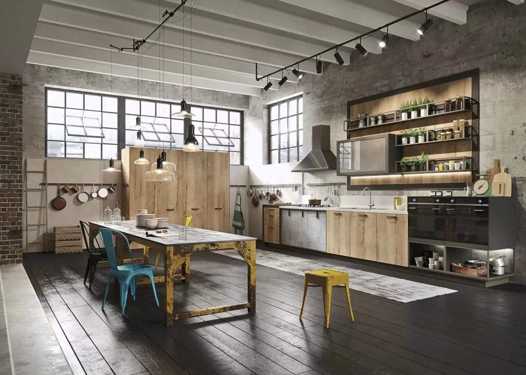 A kitchen design utilising original elements like brick walls and beams