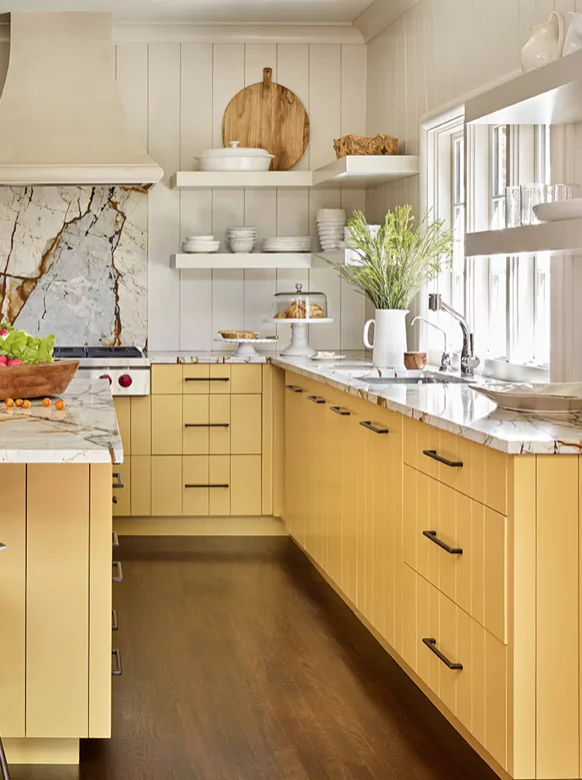 Use of pastel yellow cabinets for kitchen design