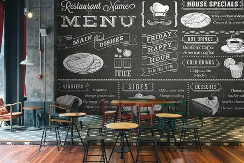 A cafe with a chalkboard wall A cafe with a chalkboard wall
