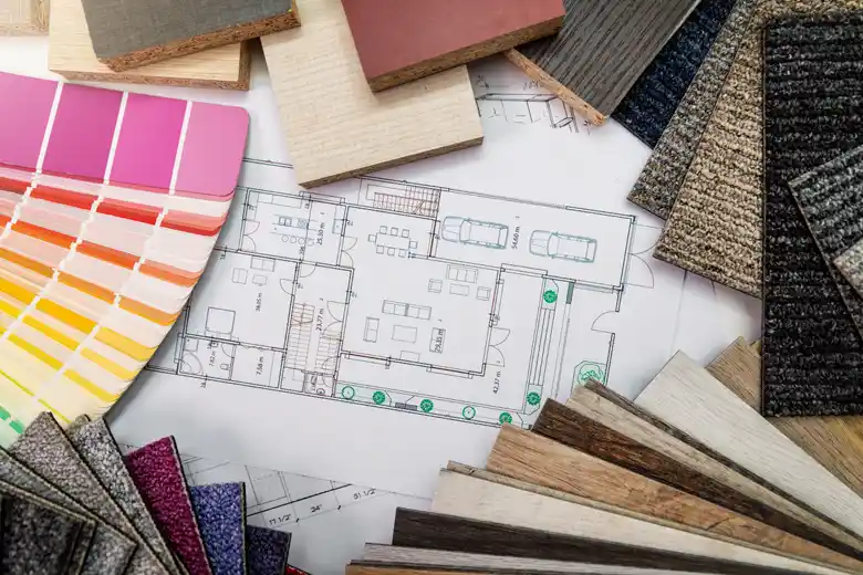 Residential design floorplan with colour samples and materials Residential design floorplan with colour samples and materials