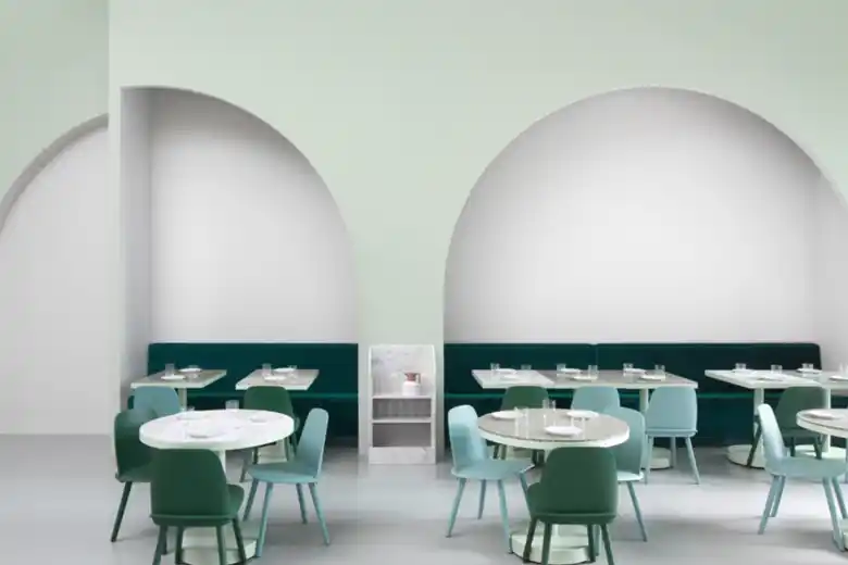 A cafe with a pastel colour palette A cafe with a pastel colour palette