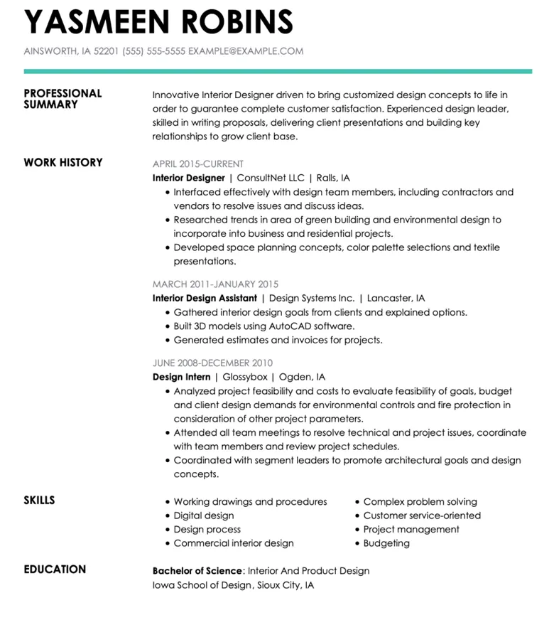 Resume of an interior designer with a professional summary
Resume of an interior designer with a professional summary