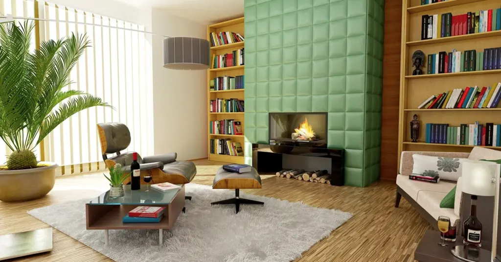 A living room with a fireplace and library
A living room with a fireplace and library