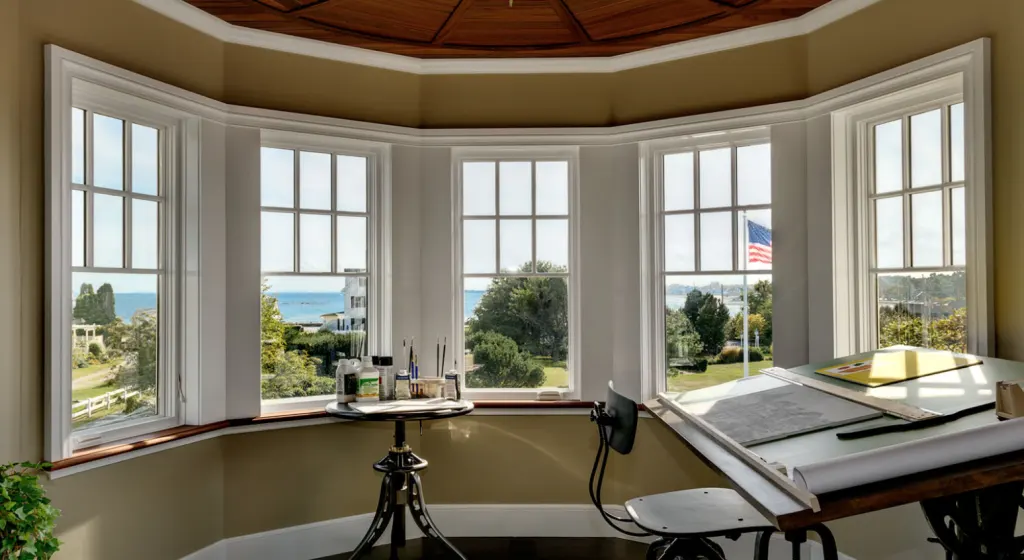 A well-lit study with large windows
A well-lit study with large windows