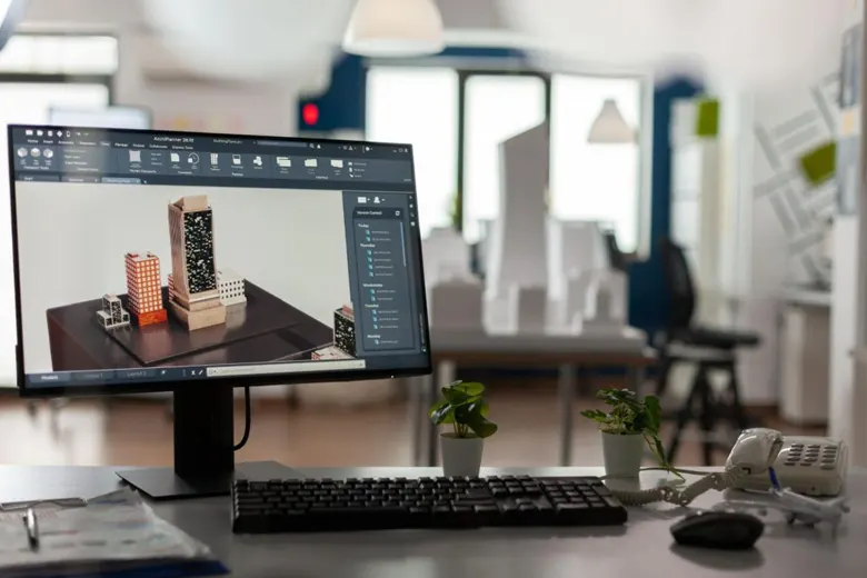 An architectural building complex being designed on an interior design application