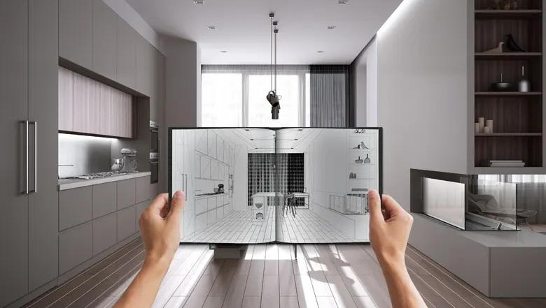 Blueprint of a living room's interior design against the actual model
