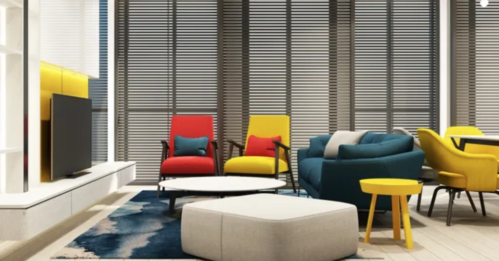 An interior space designed with a triadic colour scheme An interior space designed with a triadic colour scheme