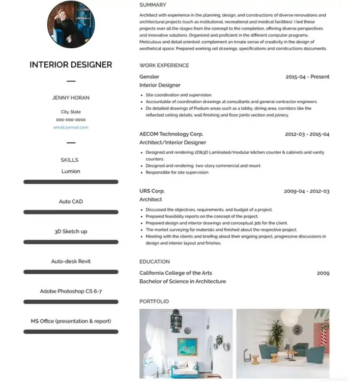 Sample interior design resume showcasing different projects
Sample interior design resume showcasing different projects
