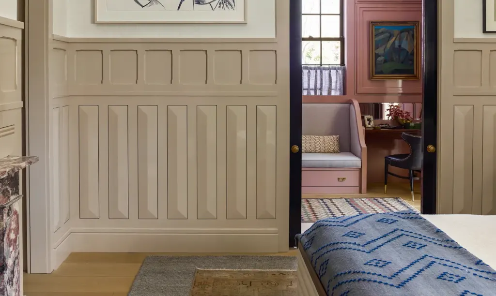 An interior space with wooden panelling on the walls An interior space with wooden panelling on the walls