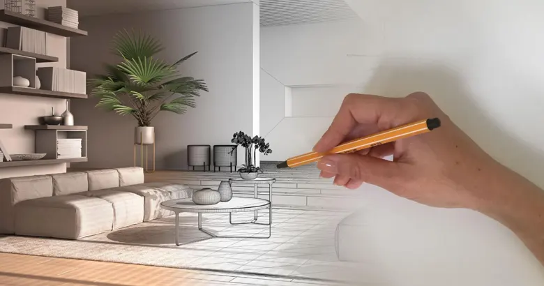 Illustration of a living room interior design (from a sketch to real-world execution)