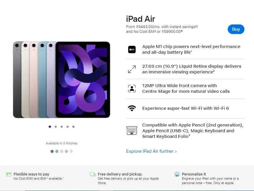 Apple's iPad Air product page highlighting all key information for a good user experience. Apple's iPad Air product page highlighting all key information for a good user experience.