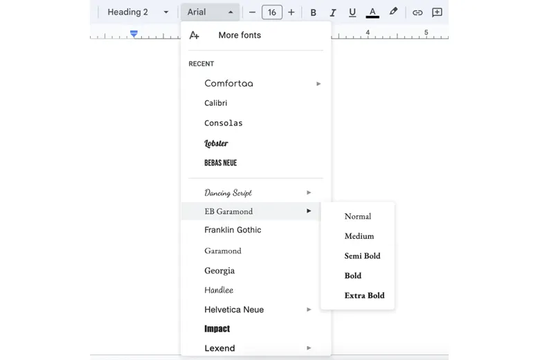 Font styles options for EB Garamond in a Google document Font styles options for EB Garamond in a Google document
