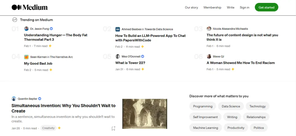 Medium homepage designed for easy discovery of new content.
Medium homepage designed for easy discovery of new content.