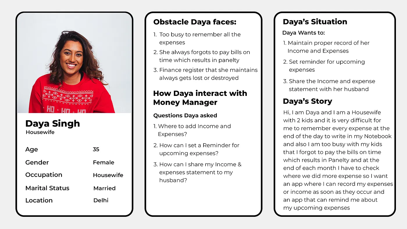 User persona: Daya Singh, a housewife