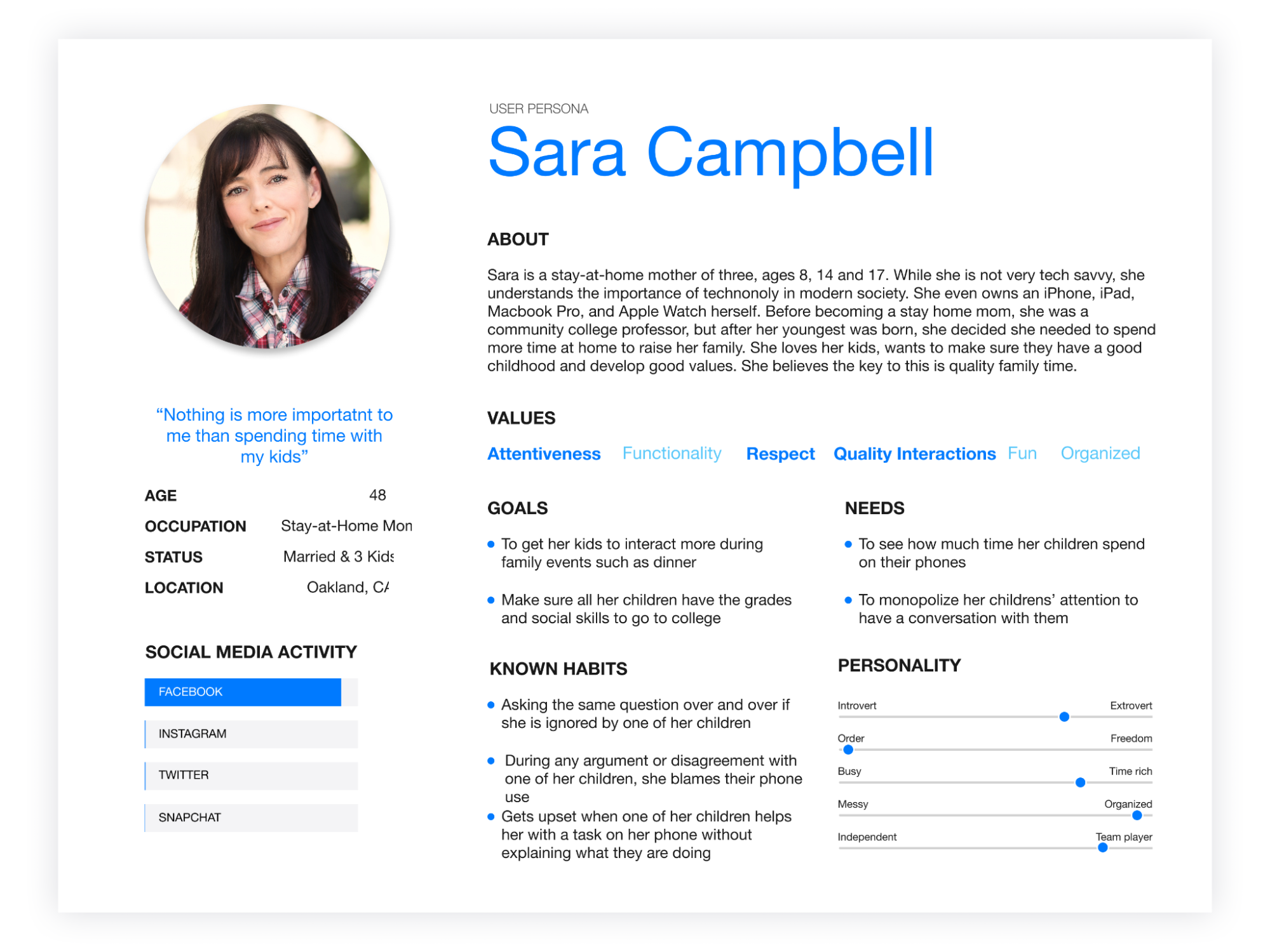 User persona: Sara Campbell, a stay-at-home mother of three in her 40s