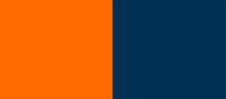 Visual contrast between orange and prussian blue according to the colour wheel Visual contrast between orange and prussian blue according to the colour wheel