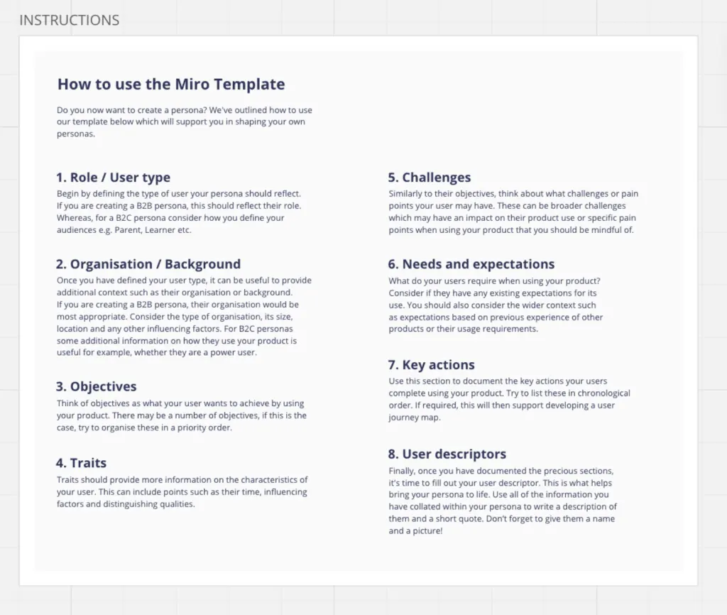 Instruction guide for using Miro's persona template