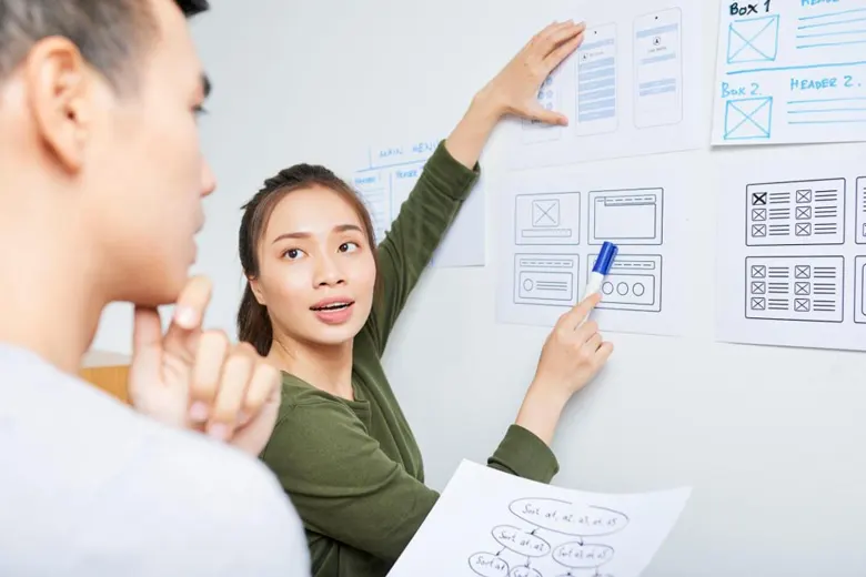 User experience designers mapping website elements based on user data.
User experience designers mapping website elements based on user data.
