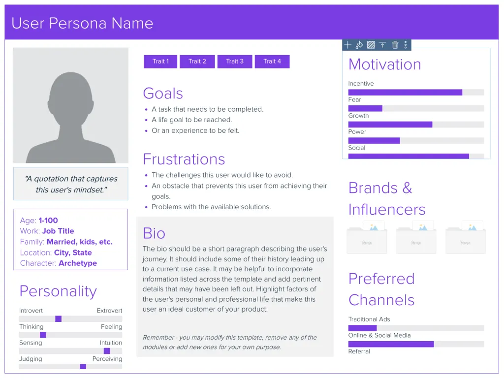 Highly customisable and user-friendly user persona template by Xtensio