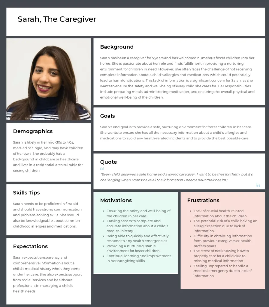 User persona: Sarah, the caregiver User persona: Sarah, the caregiver
