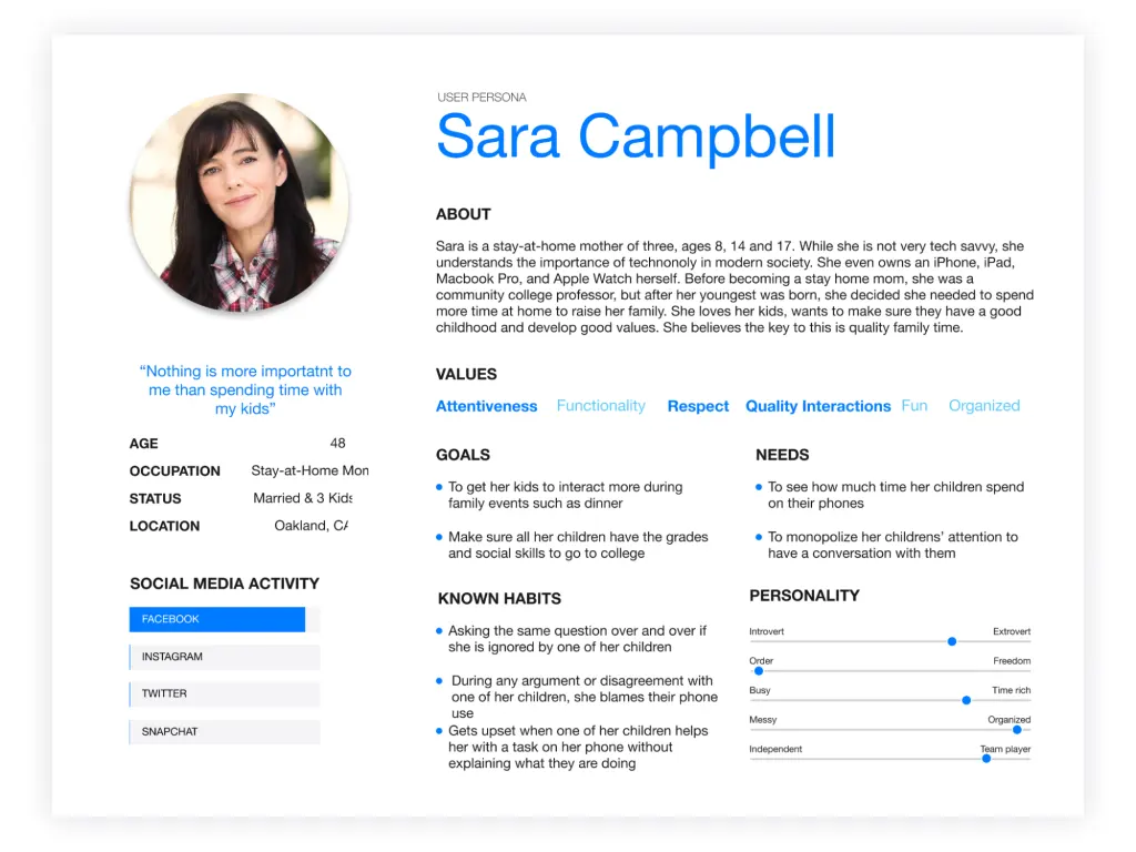 User persona: Sara Campbell, a stay-at-home mother of three in her 40s User persona: Sara Campbell, a stay-at-home mother of three in her 40s