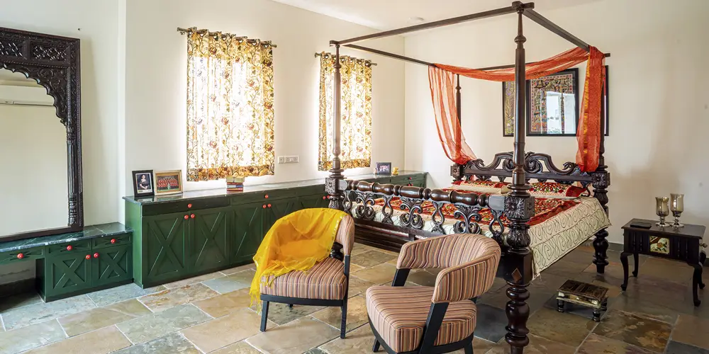Studio Crypt's bedroom design incorporating antique furniture and authentic indian textile prints
Studio Crypt's bedroom design incorporating antique furniture and authentic indian textile prints