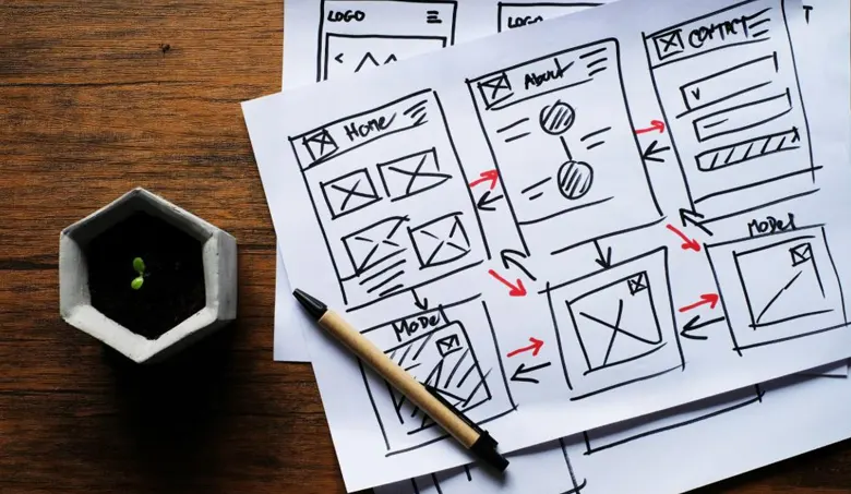 A UI designer's workstation with a coffee cup, pen and wireframe sketches