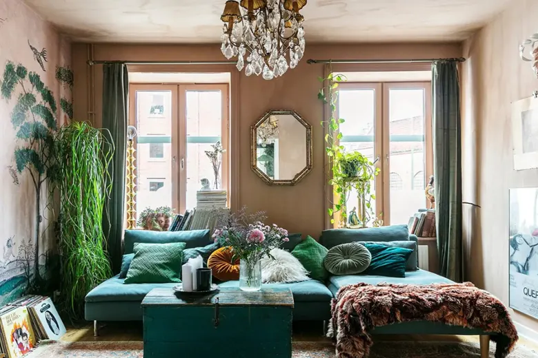 A home with a vintage bohemian interior design